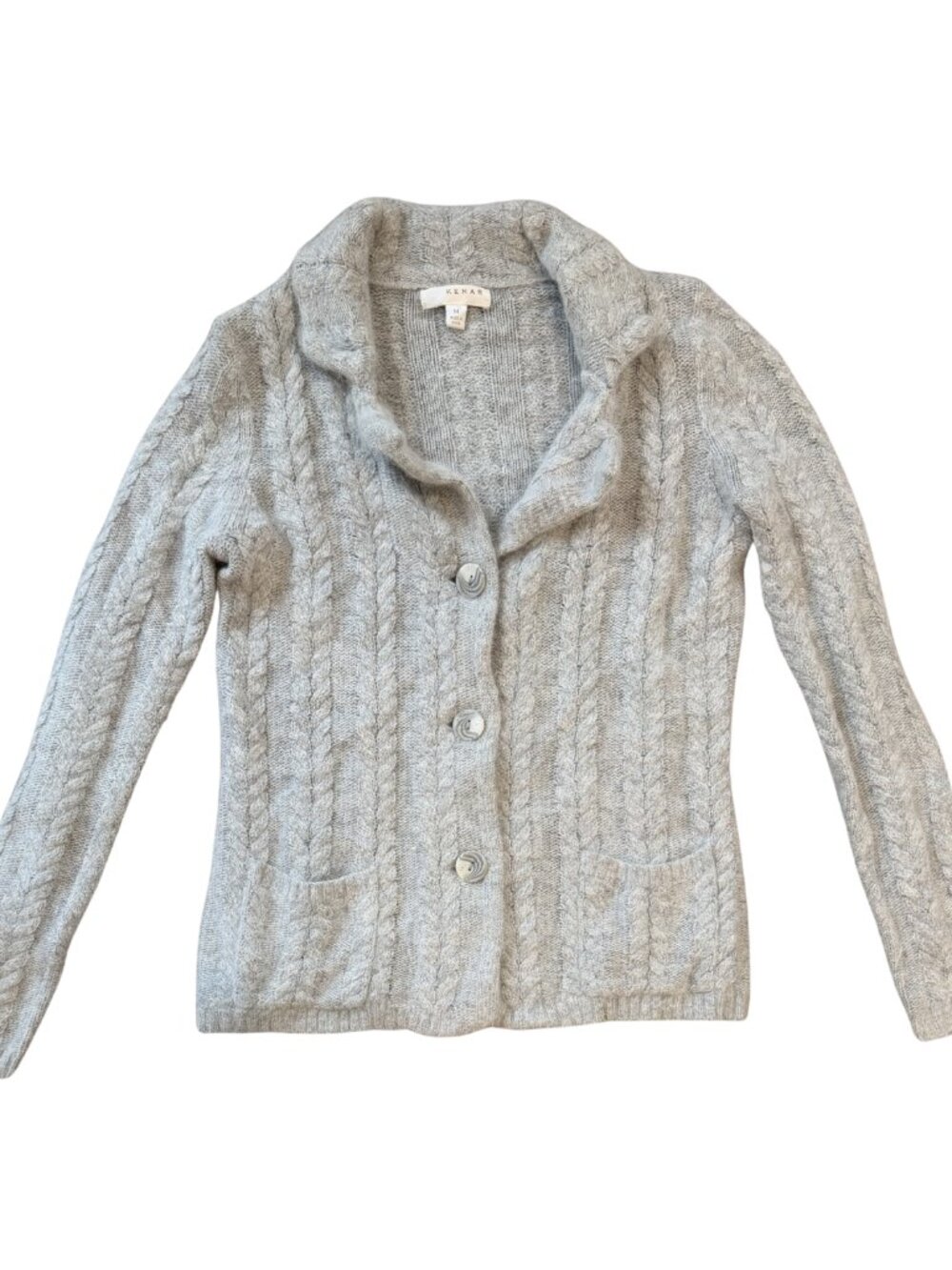 Kenar Women's Cable Knit Angora Blend Collared Button Cardigan Gray Grey Medium
